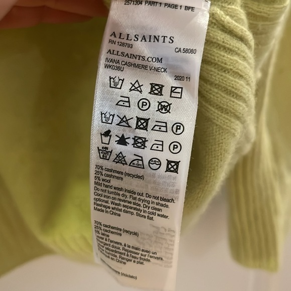 Allsaints Ivana Cashmere-Wool Blend V-Neck Sweater. Medium. Citron Tea. - Picture 7 of 11